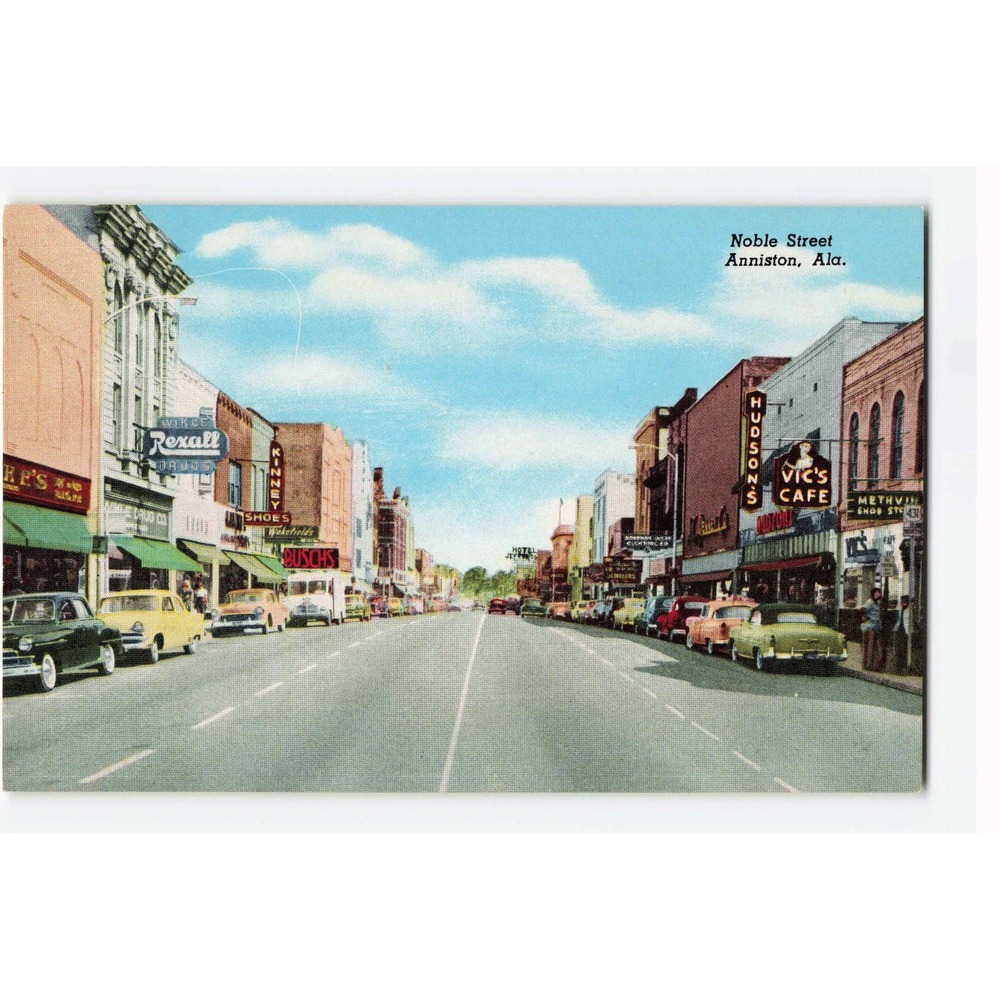 Noble Street Anniston Alabama Vintage Linen Postcard Vic's Cafe Rexall Drugs